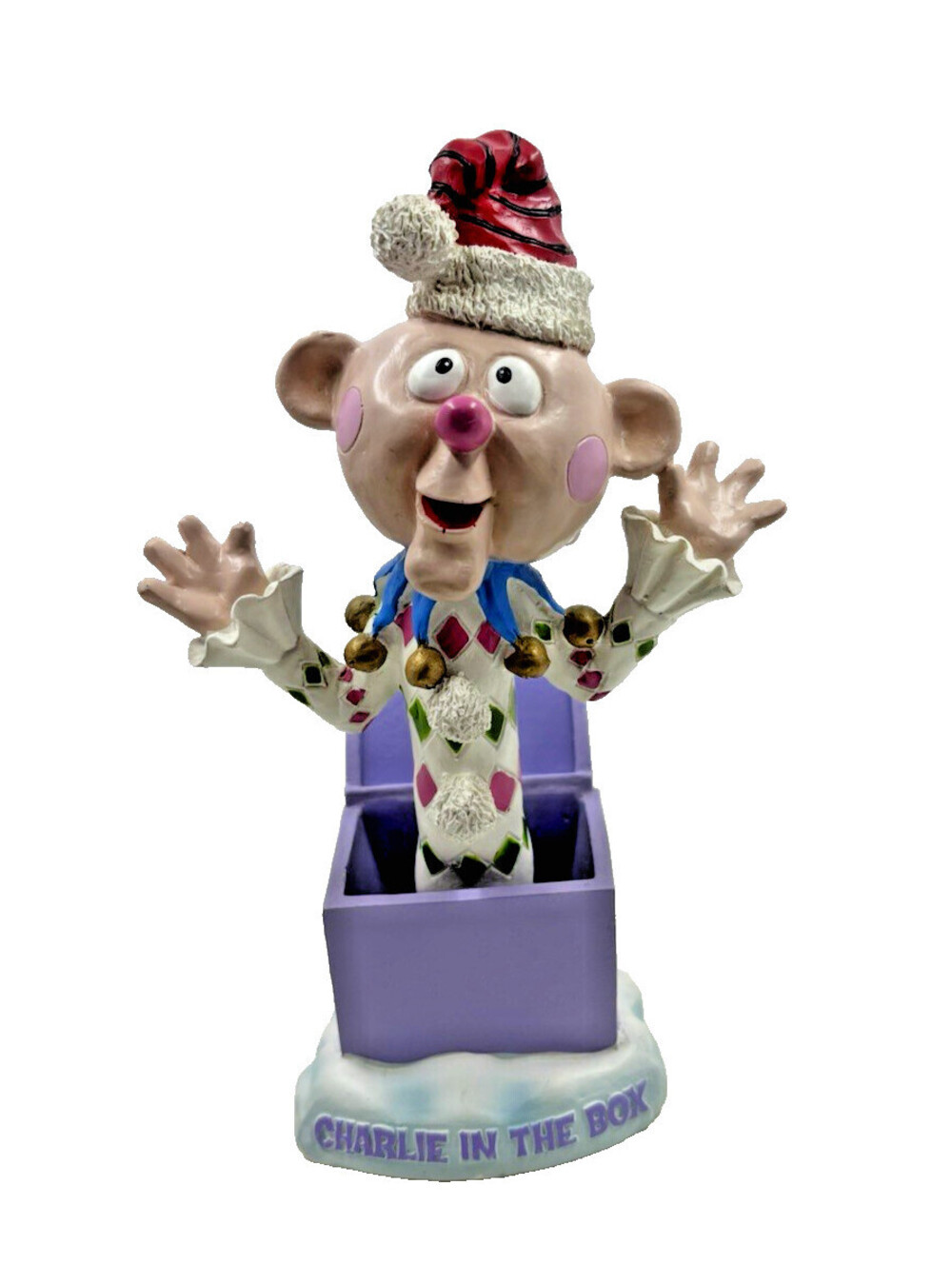 Charlie in the Box, Ceramic Bobblehead, Y2K Rudolph Co 7” tall, base 5”x3.5”